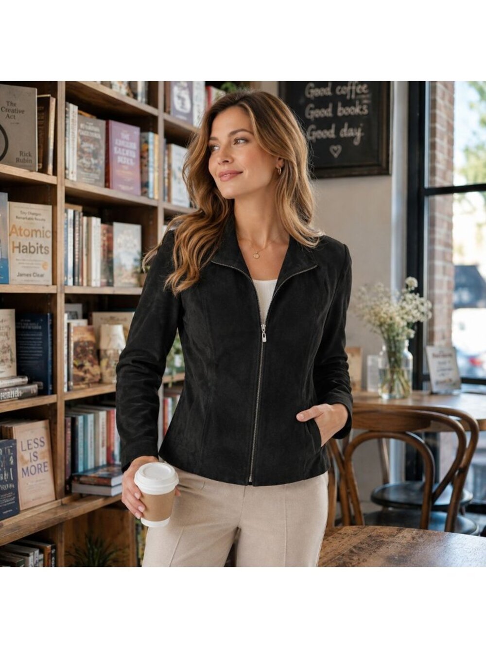 Womens Med Black Genuine Suede Leather Classic Jacket  Zip Front Lined Preppy